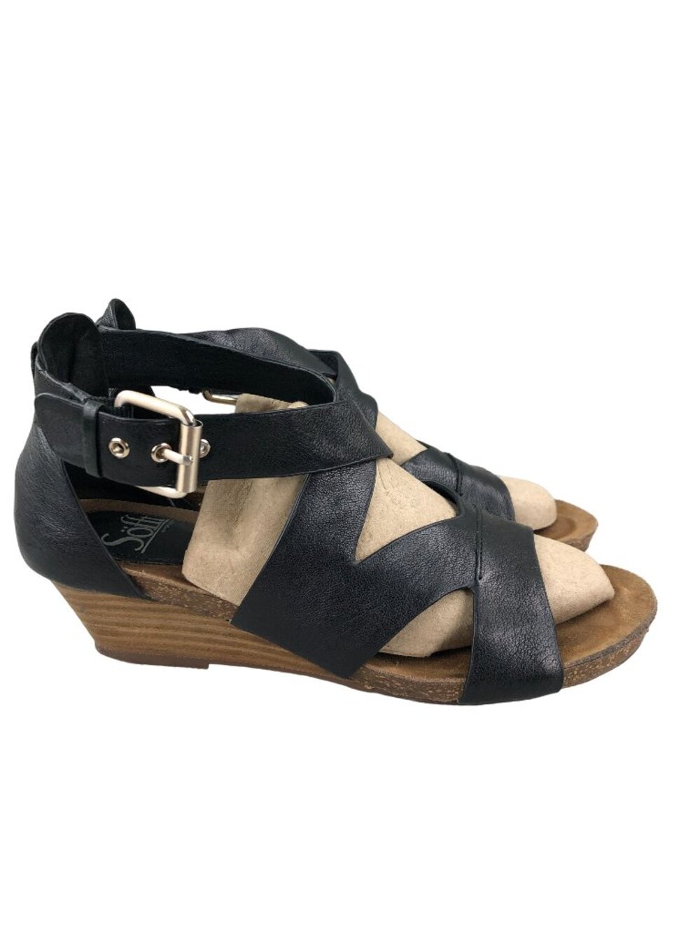 Sofft Women's Size 7.5M Vara Black Leather Open Toe Wedge Heel Sandals